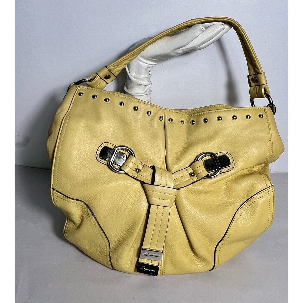 B. Makowsky Mustard Color Leather Hobo Style Shoulder Bag with Pockets